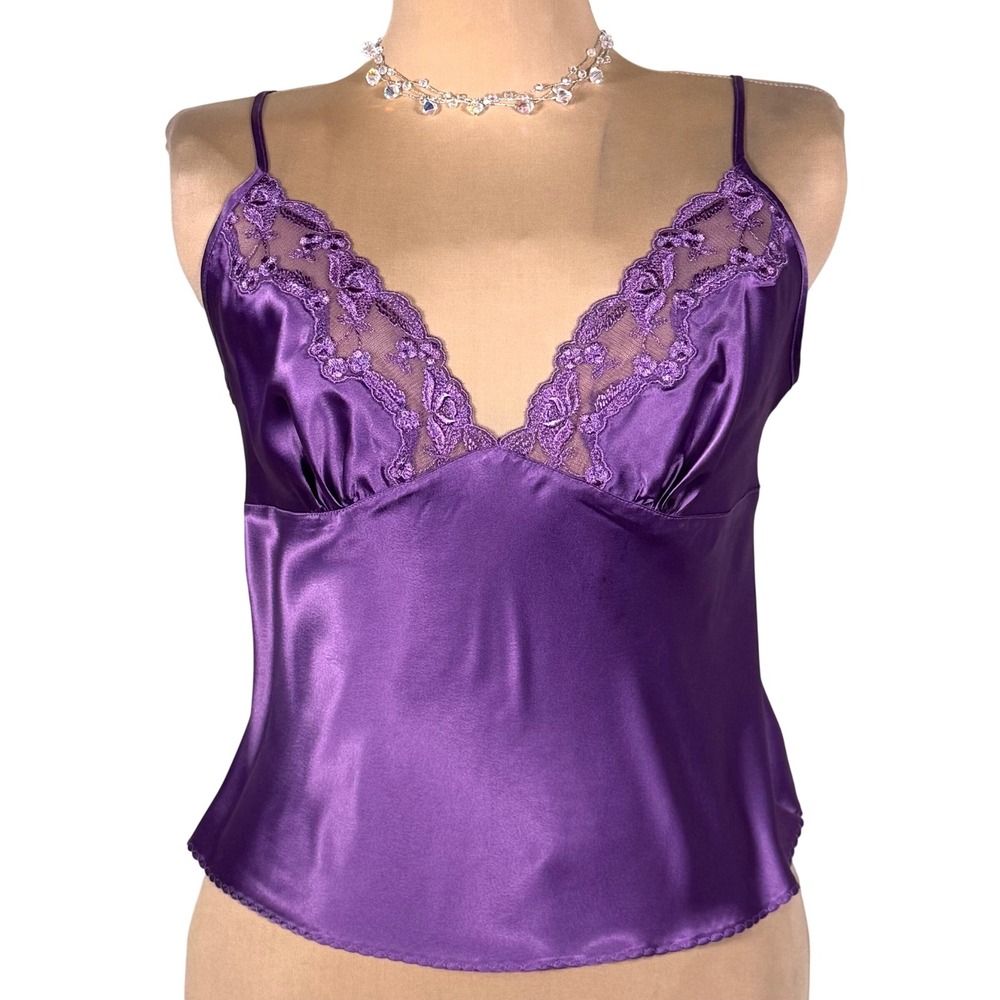Y2K Victorias Secret Purple‎ Satin Lace Trim Camisole Backless Top Tie Back Med